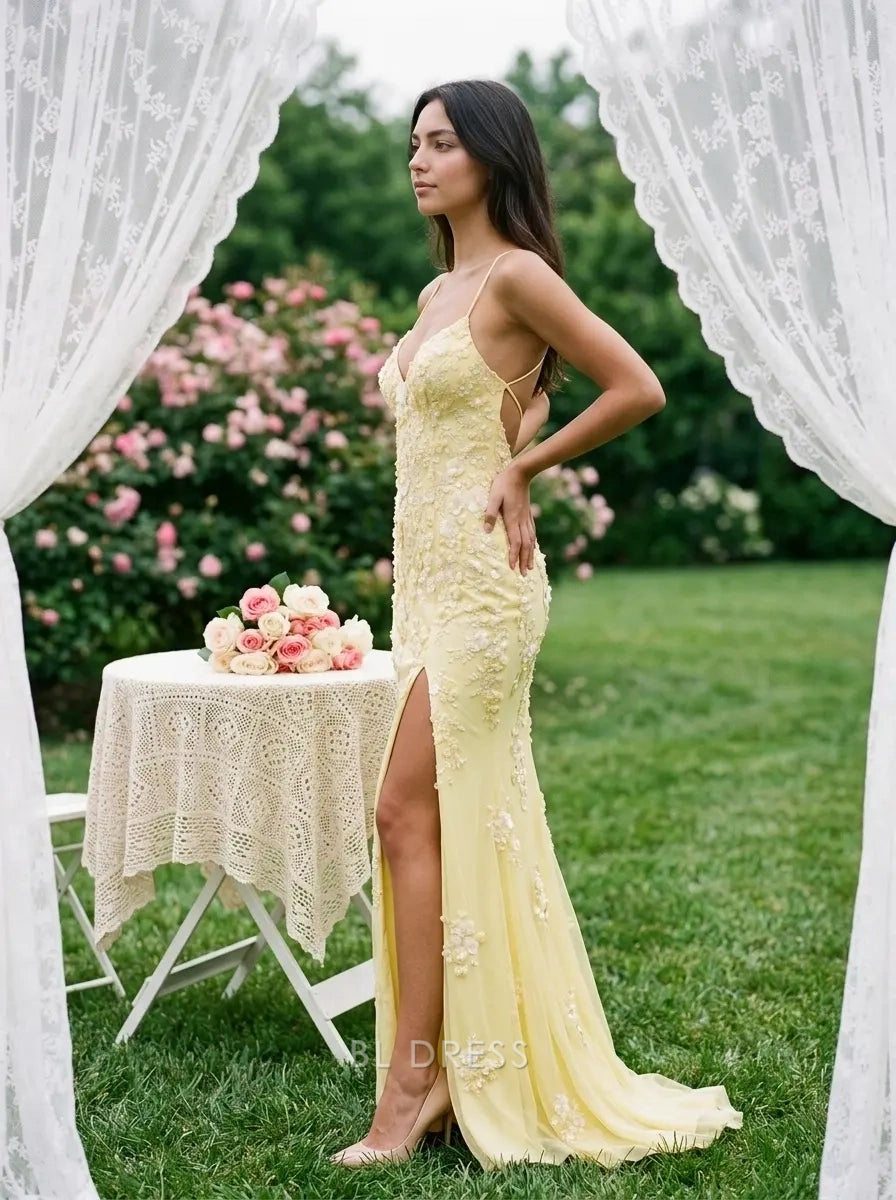 Spaghetti Strap V Neck 3D Floral Appliqué Lace-Up Back High Slit Mermaid Floor Length Prom Dress
