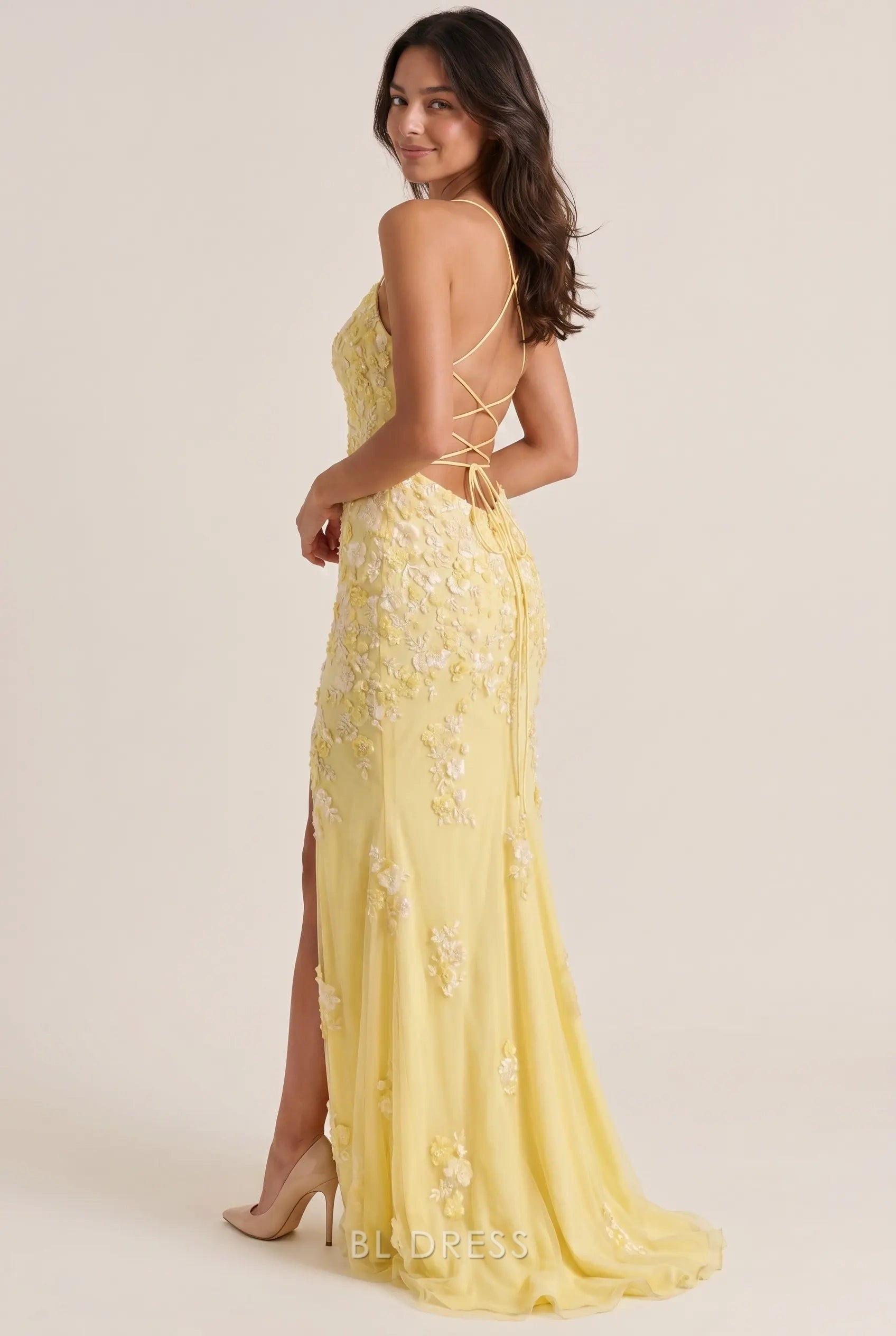 Spaghetti Strap V Neck 3D Floral Appliqué Lace-Up Back High Slit Mermaid Floor Length Prom Dress