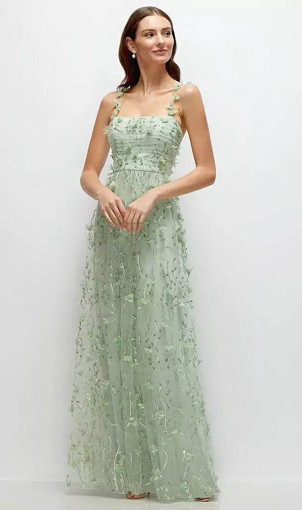 Spaghetti Straps Square Neck 3D Floral Applique Sequin A-Line Prom Dresses (Sage Green)