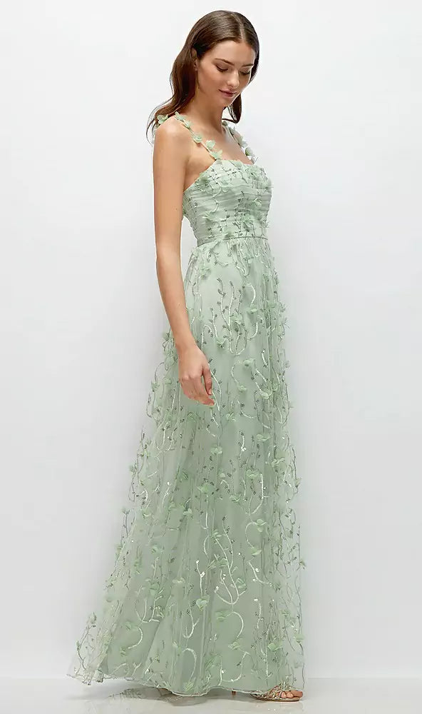 Spaghetti Straps Square Neck 3D Floral Applique Sequin A-Line Prom Dresses (Sage Green)