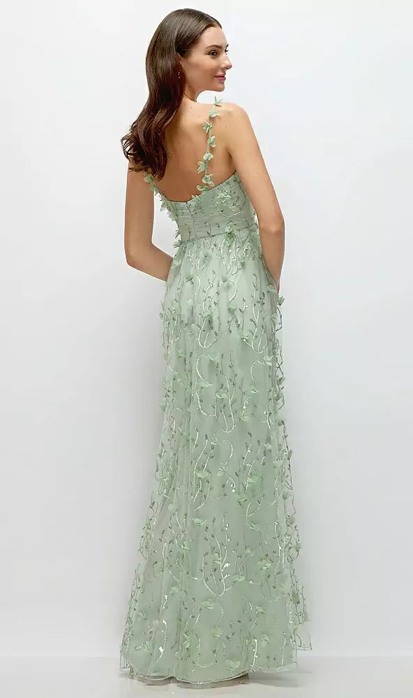 Spaghetti Straps Square Neck 3D Floral Applique Sequin A-Line Prom Dresses (Sage Green)