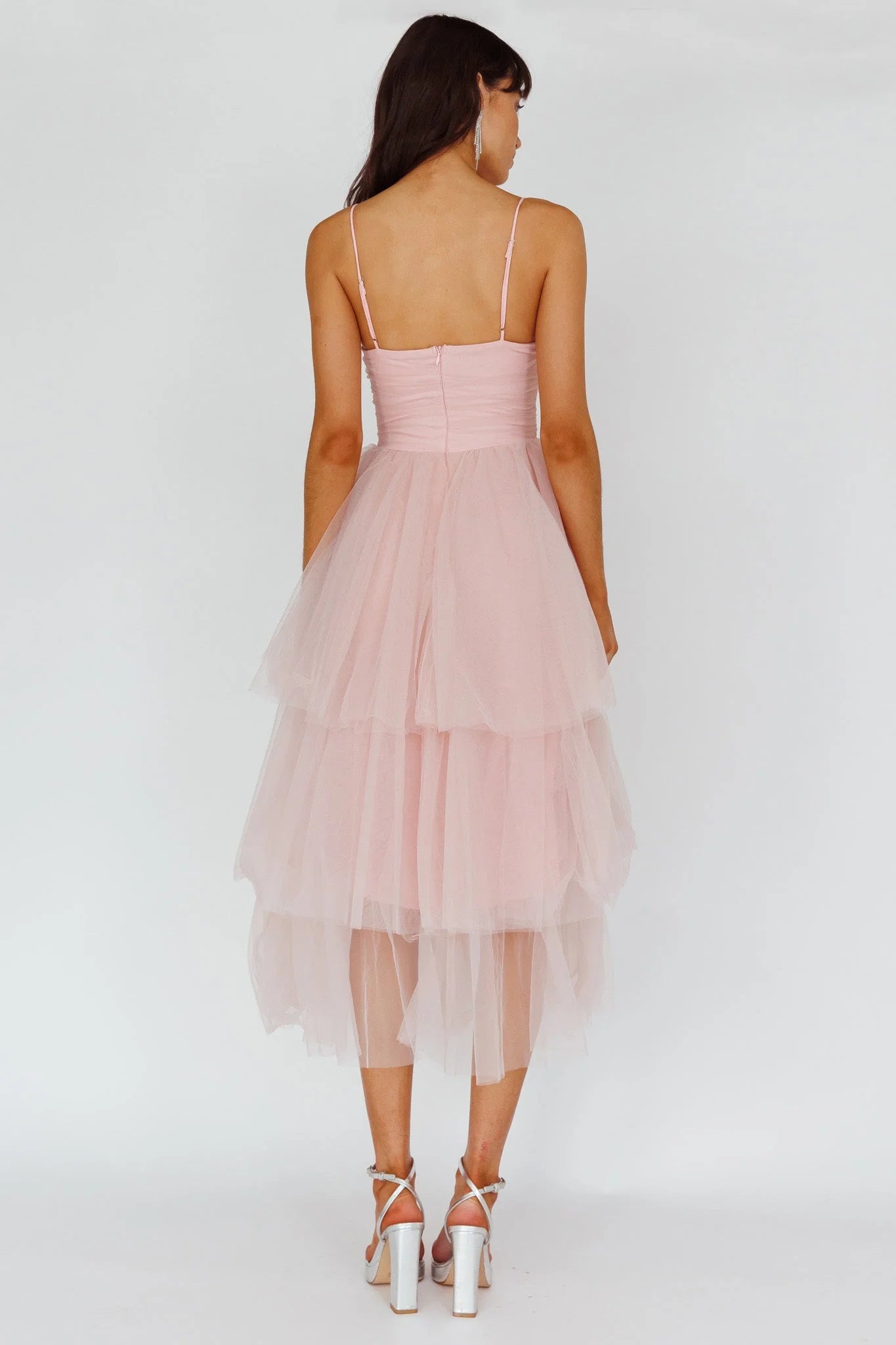 Spaghetti Straps Sweetheart Neck Floral Applique Cutout Tiered Tulle Midi Prom Dresses (Blush Pink)