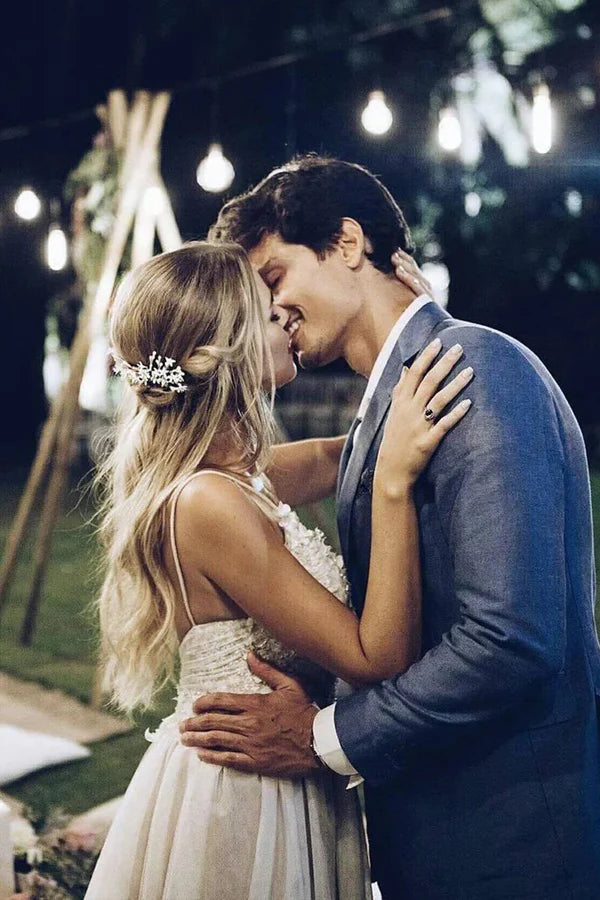 Beach Spaghetti Strap V Neck Wedding Dresses Backless Bridal Dresses