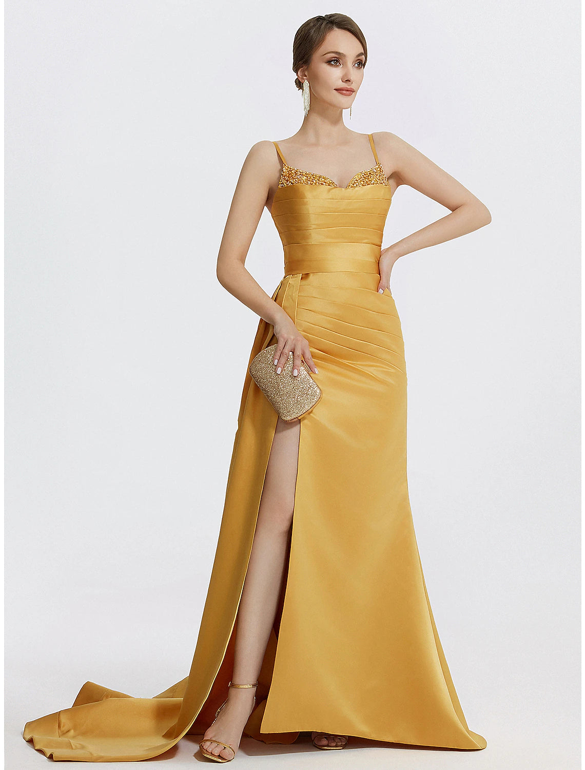 Side profile of the A-line satin gown, highlighting its flowing silhouette.