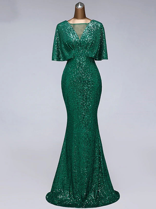 Sparkle mermaid trumpet dress with half sleeves and illusion neckline.