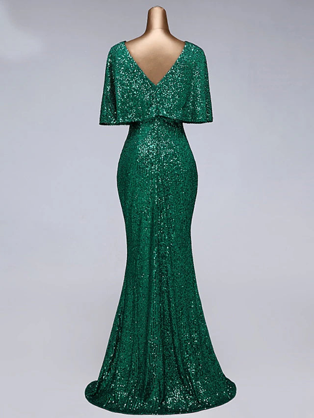 Back view of sequined floor-length prom dress.