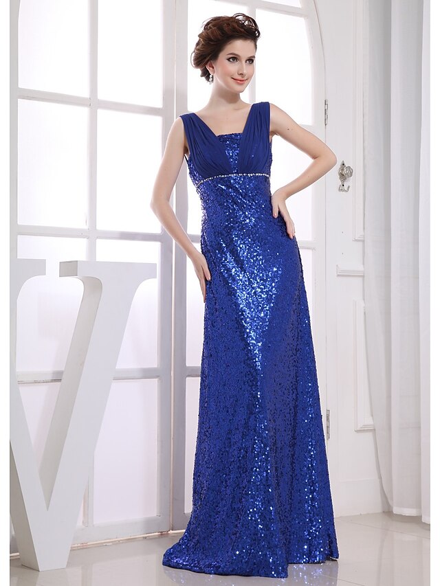 Elegant sparkle sheath V-neck formal evening dress.