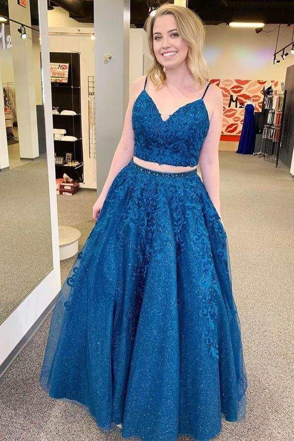 Royal blue two-piece sparkle tulle prom dress with V-neck and A-line skirt.