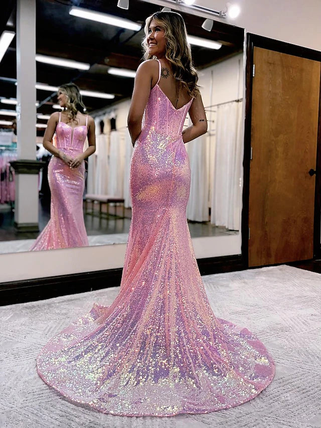 Full view of the court train on the sparkling mermaid trumpet prom dress.