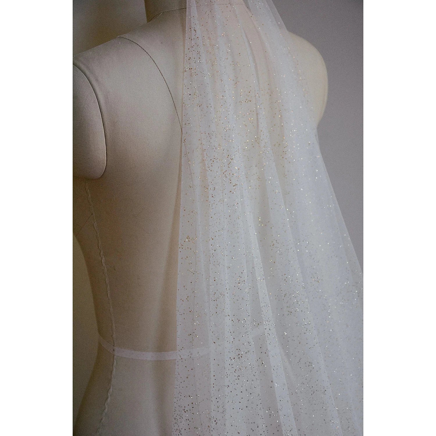 Elegant one-tier wedding veil with subtle sparkle.