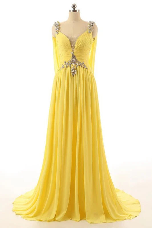 A-line beaded prom gown with a sleeveless design.