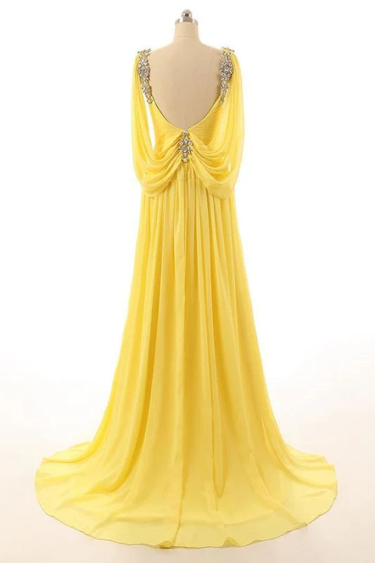 Back view of the elegant A-line prom dress with intricate beading.