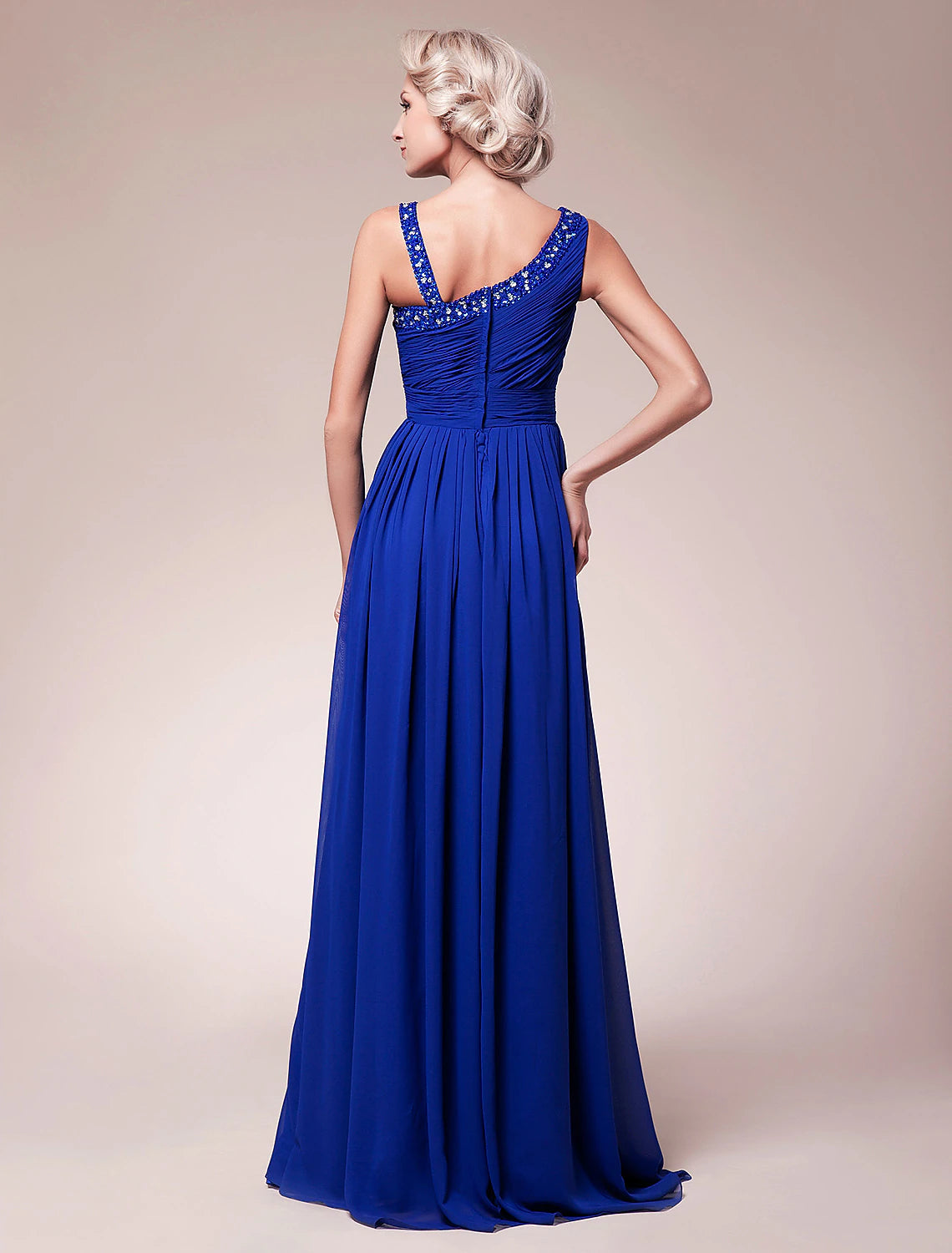 Back view of the A-line chiffon Mother of the Bride gown with ruched details.