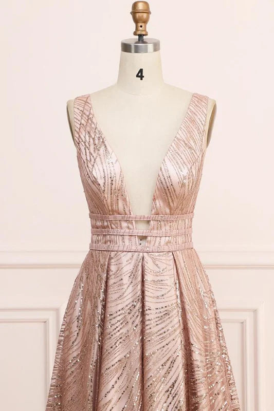 Woman in a sequin glitter prom dress, showcasing the flow of the A-line skirt.