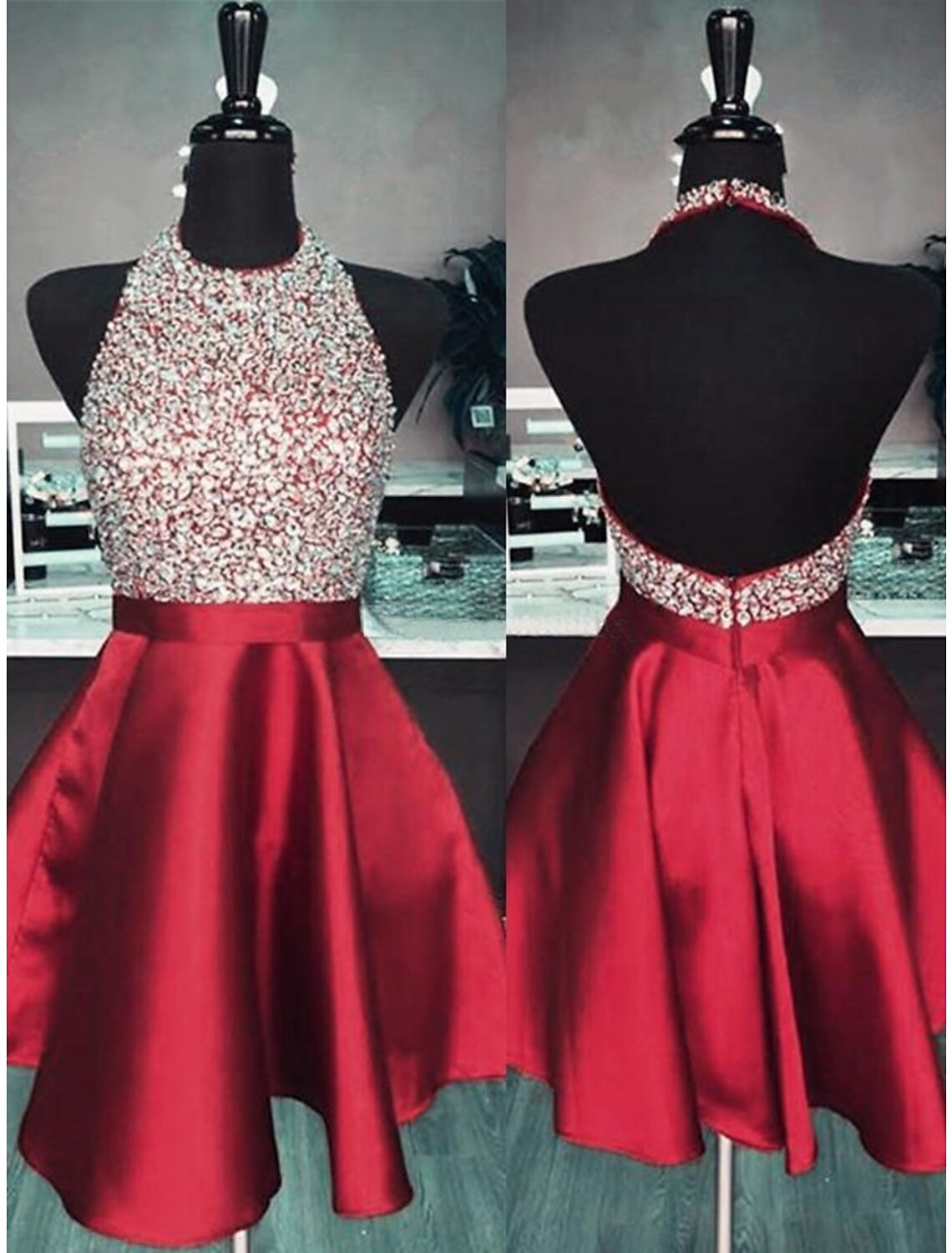 Close-up of the back of a sequined A-line halter mini dress showing the backless design.