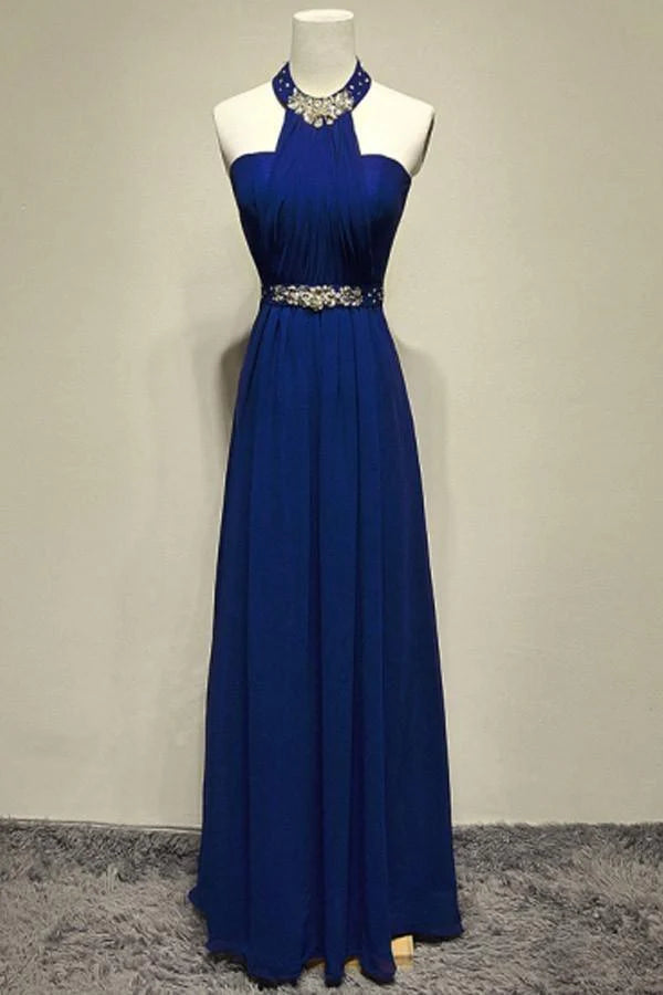 Elegant A-line halter prom dress with sparkling crystal details.