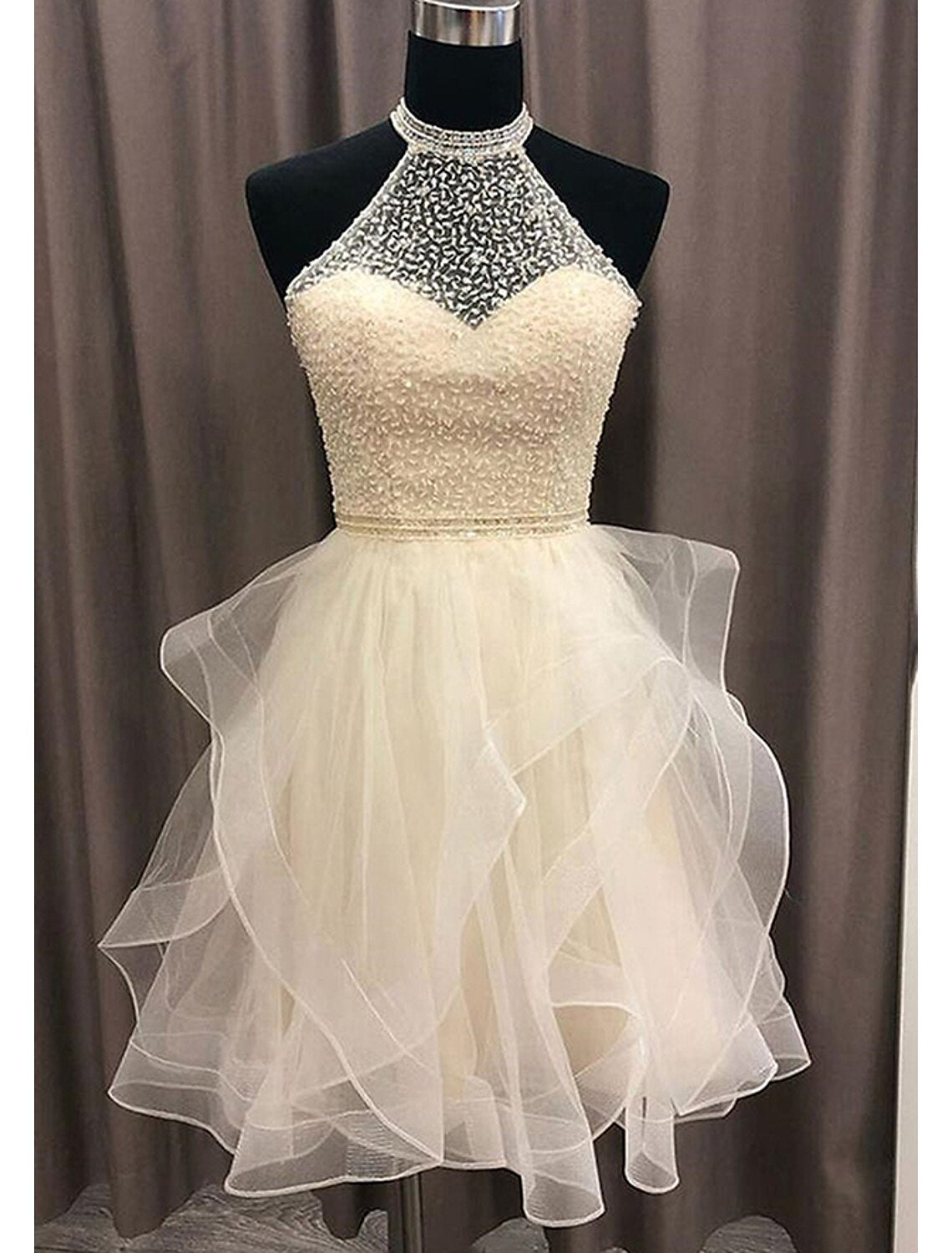 Sparkling A-Line halter short homecoming dress with glitter organza.