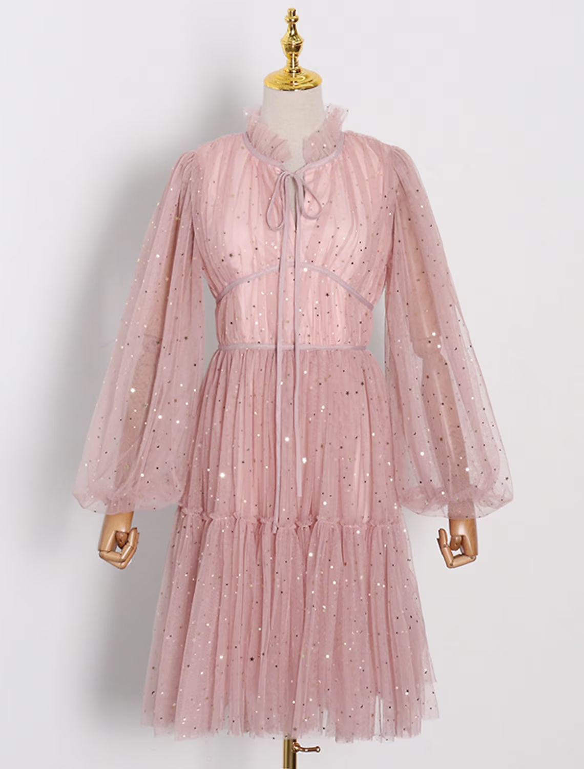 A-Line glitter tulle dress with long sleeves and a high neck, suitable for homecoming.