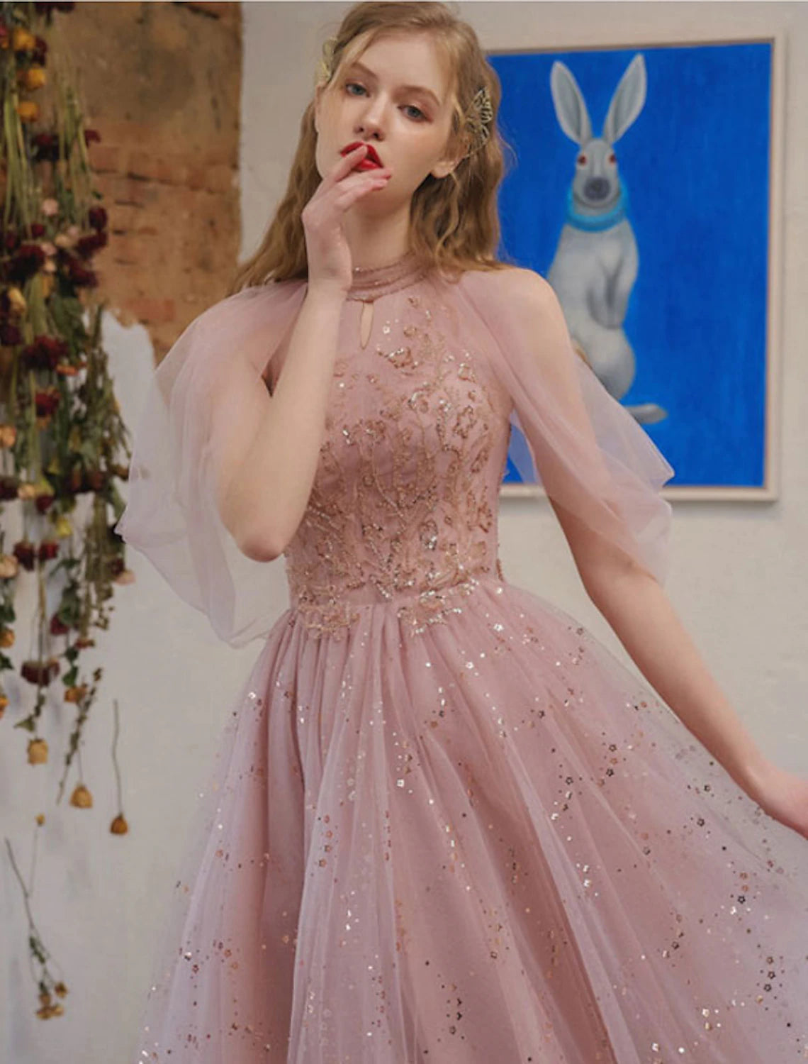Back view of A-Line sequin tulle cocktail dress.