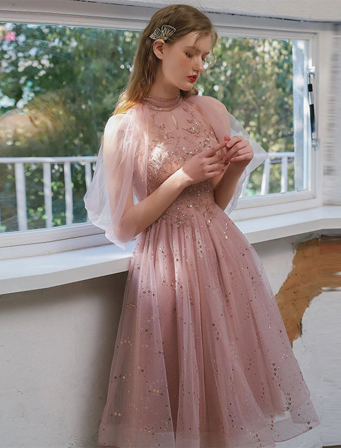 Side view of A-Line knee-length cocktail dress.