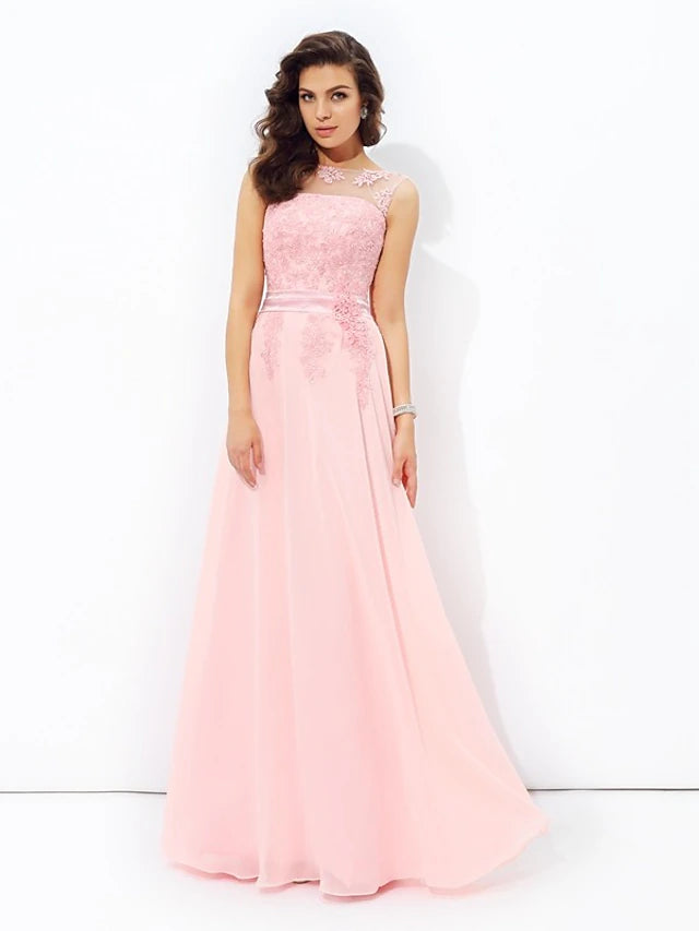 Front view of a sparkling A-line prom dress with a jewel neck and appliques.