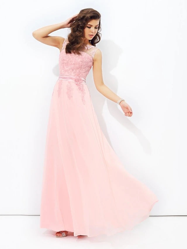Back view of a floor-length chiffon prom dress, showcasing the flowing skirt.