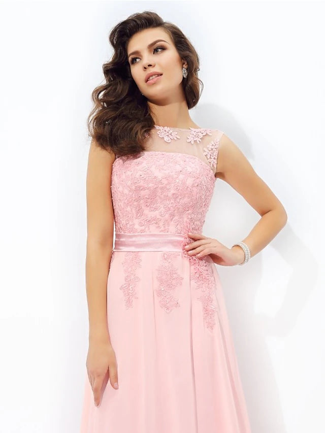 Side profile of a sleeveless A-line formal gown with appliques.