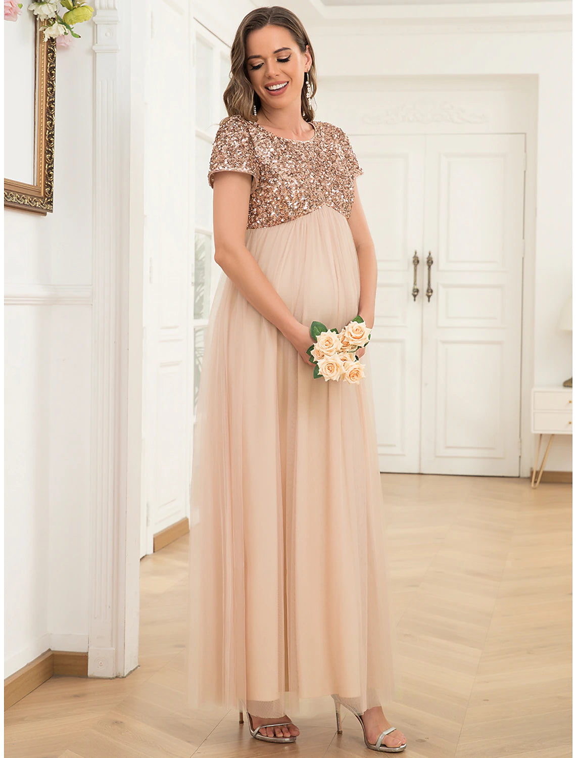Full view of the A-line maternity party dress, highlighting its ankle length.