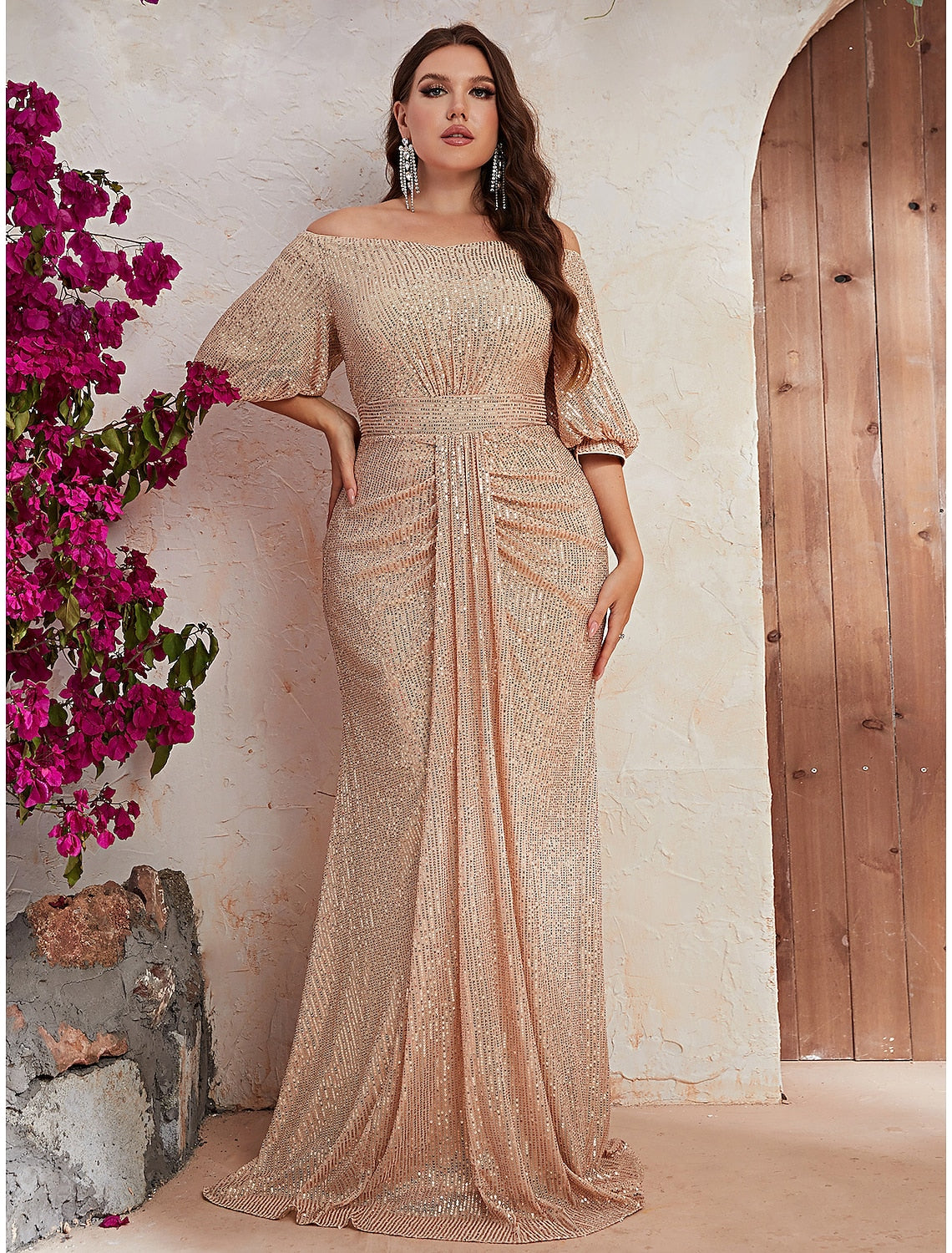 Sparkling A-Line off-shoulder half sleeve beaded formal wedding guest gown.