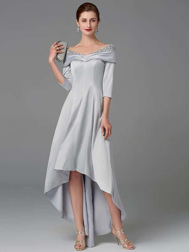 A-Line Mother of the Bride dress with off-shoulder neckline and high-low hem.