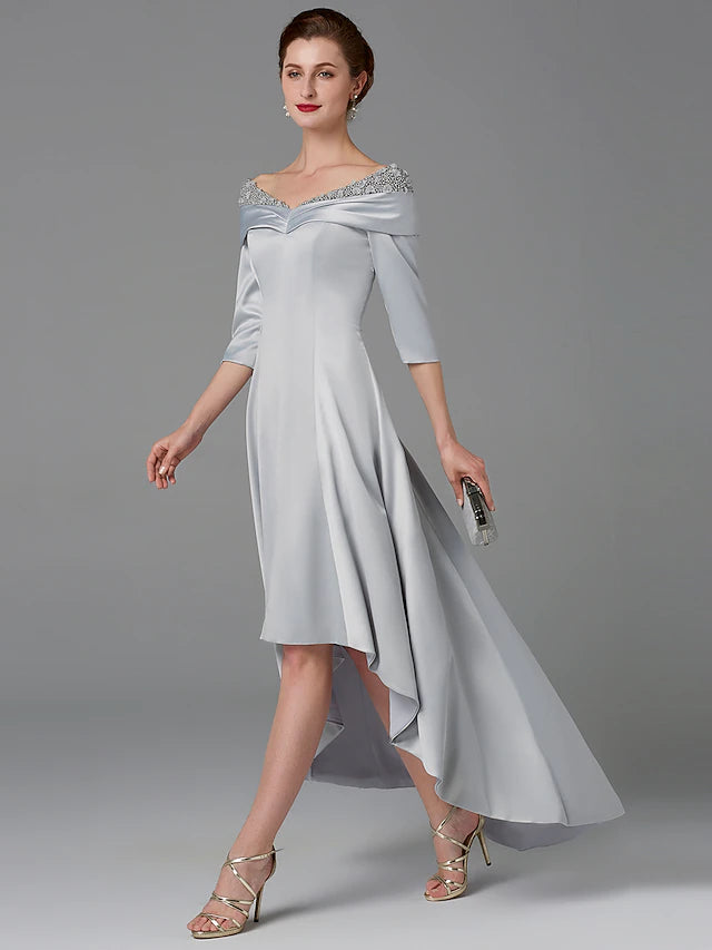 Back view of the A-Line satin dress with lace and crystal details.