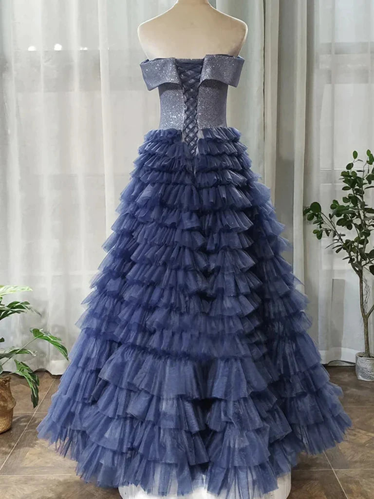 Back view of the off-shoulder sequin long prom dress.