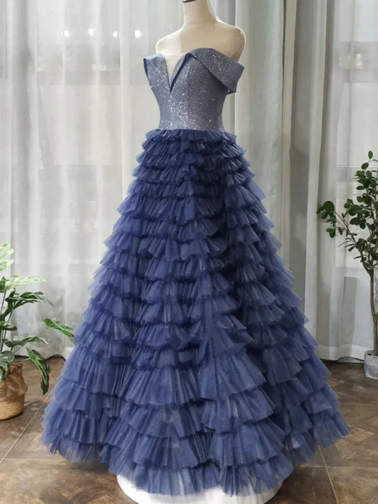 Full view of the elegant off-shoulder sequin long prom dress.