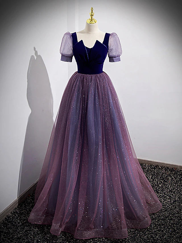 Sparkling A-line prom dress with sequin tulle, scoop neck, and short sleeves.