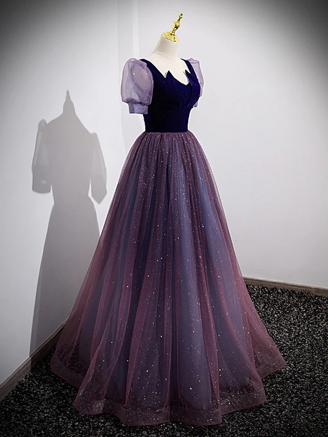 Back view of the A-line sequin tulle prom dress.