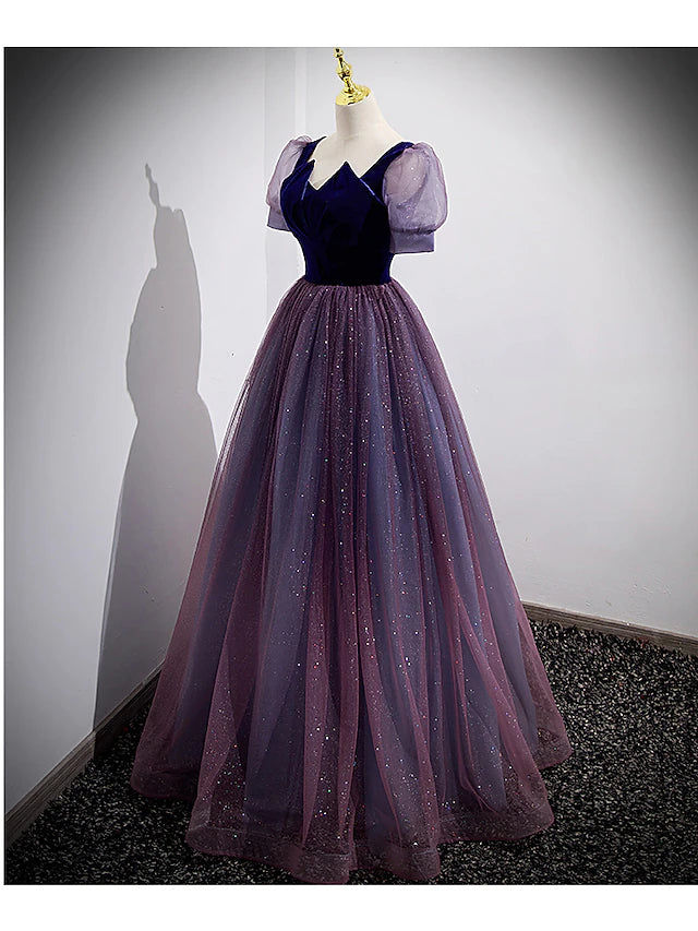 Close-up of the sequin and tulle fabric on the prom dress.