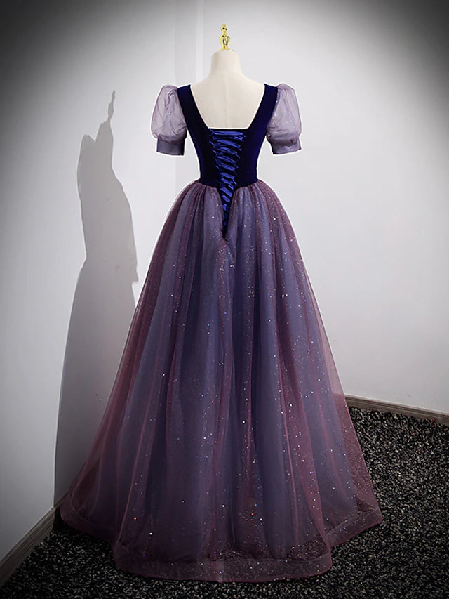 Full length view of the A-line prom dress, showing the floor-length skirt.