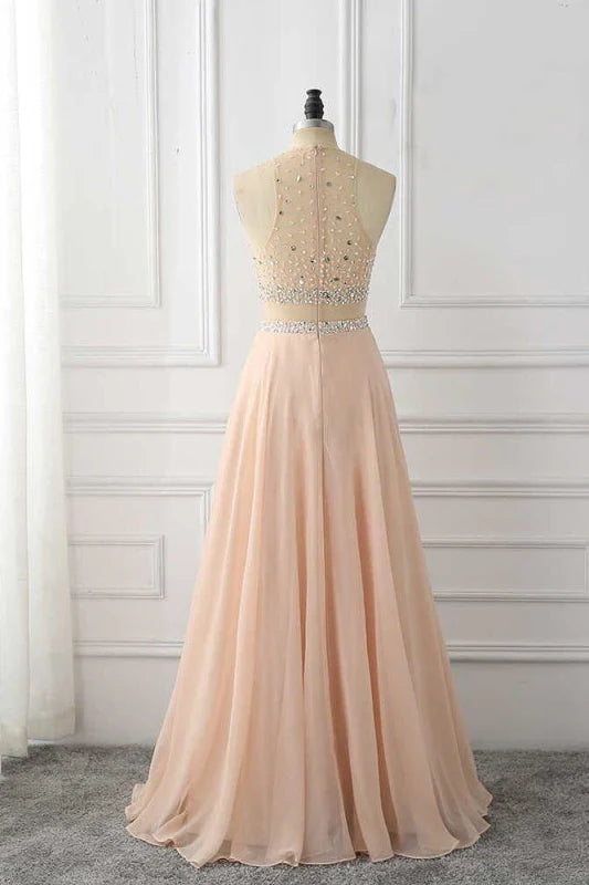 Close-up of the rhinestone embellished bodice on the chiffon prom dress.