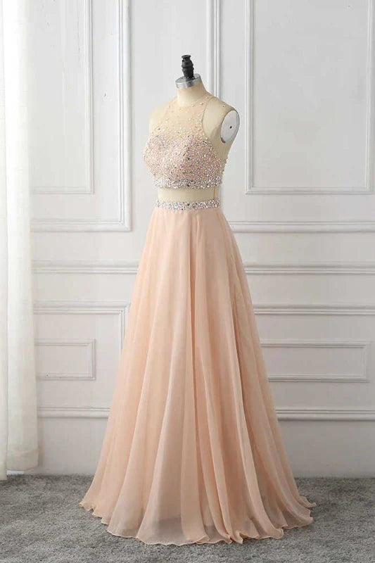 Back view of the elegant A-line long prom dress with flowing chiffon.