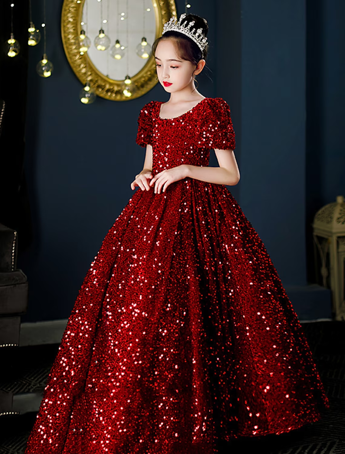 Sparkling floor length flower girl dress with paillettes.