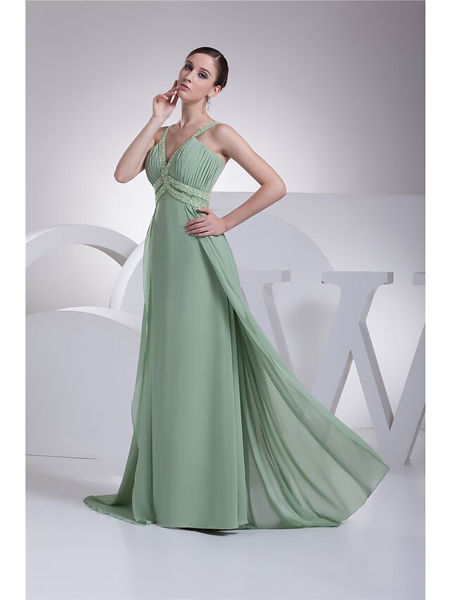 Close-up of the beaded detail on the chiffon A-line evening gown.