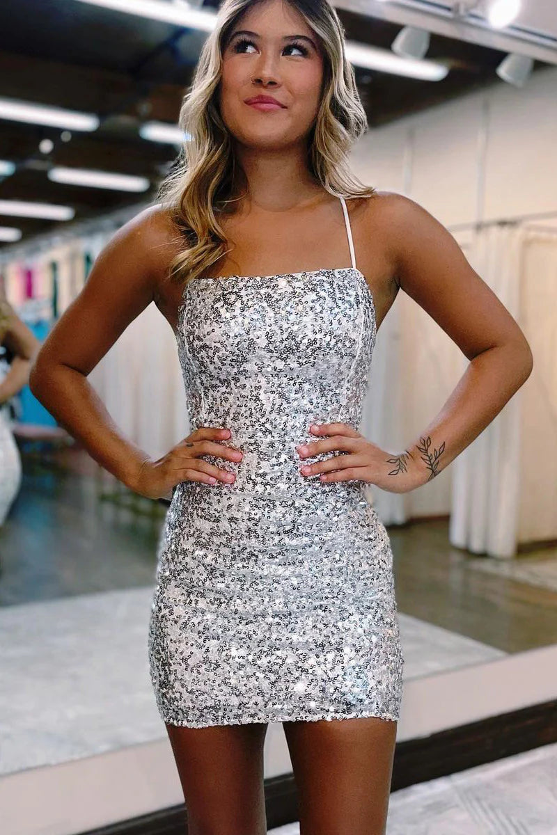 Sparkling A-line short homecoming dress with spaghetti straps.
