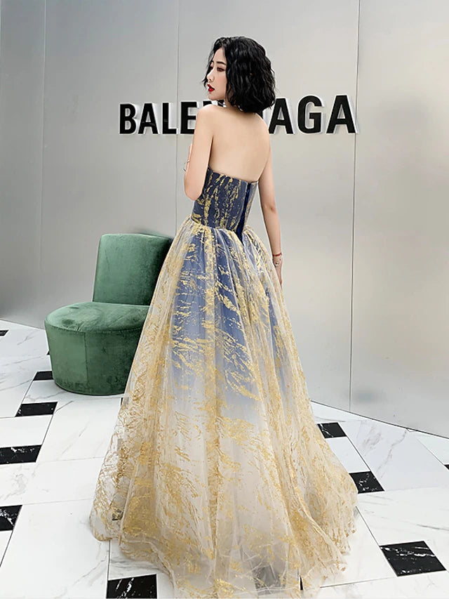 Side view of the A-line color block sequin dress, highlighting the floor-length design.