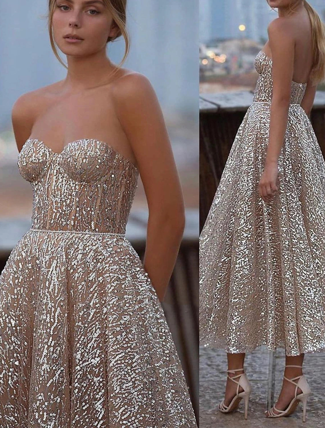Sparkling A-line strapless tea length evening gown with sequin and tulle details.
