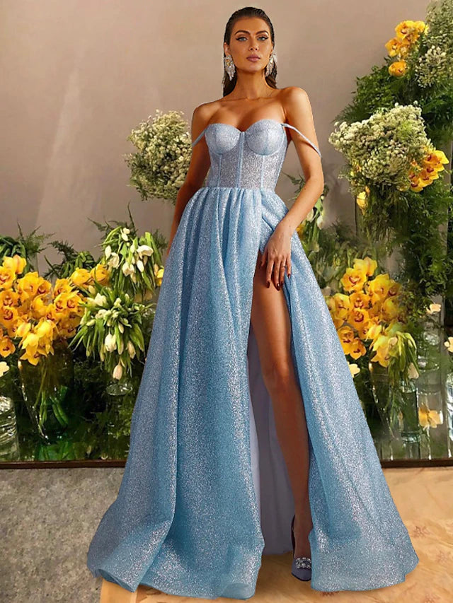 Sparkling A-line sweetheart prom dress with glitter tulle and a side slit.