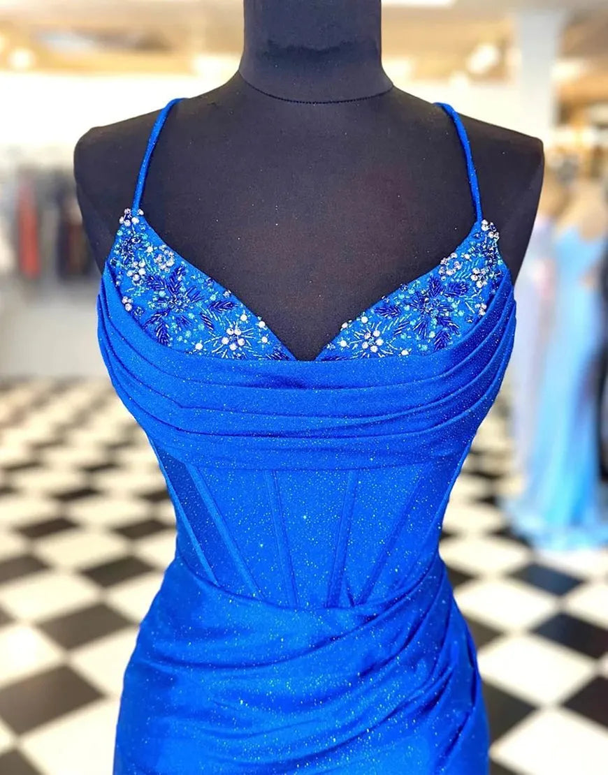 Back view of a royal blue glitter short party dress.