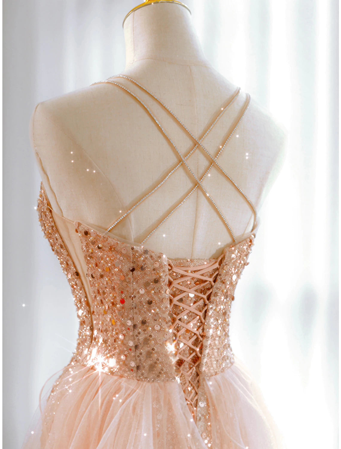 Back view of a floor-length sequin tulle dress.