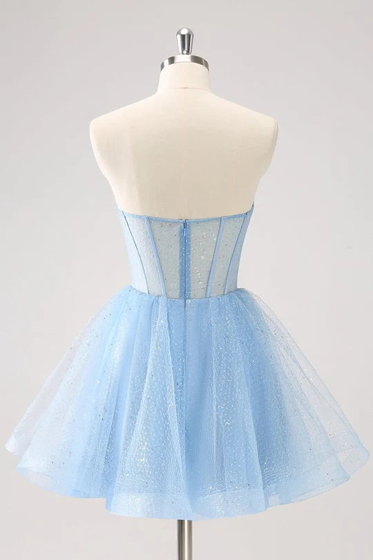 Elegant A-Line short dress with sequin embellishments.