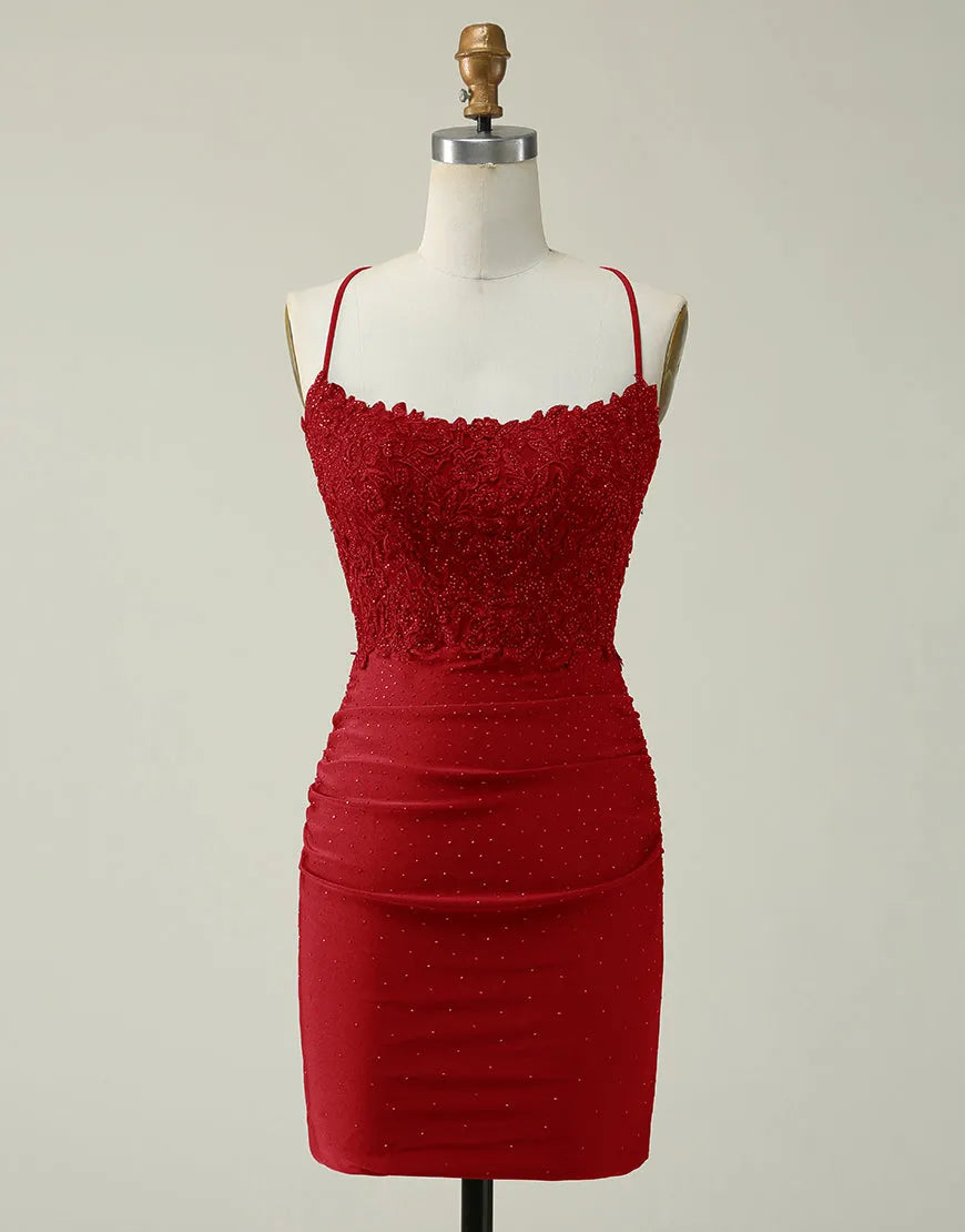 Sparkling A-line short glitter homecoming dress with spaghetti straps.