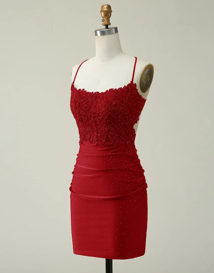 Side view of a woman wearing a sparkling A-line short glitter homecoming dress.